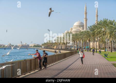 Les touristes et les populations locales sur la corniche de Sharjah (front de mer) aux Émirats arabes Unis (eau) avec la mosquée Al Noor, le lac Khalid et l'eau du golfe Persique Banque D'Images
