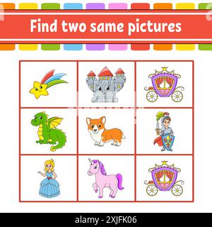 Trouvez deux mêmes photos. Tâche pour les enfants. Feuille de travail de développement de l'éducation. Page activité. Jeu de couleurs pour enfants. Drôle de personnage. Style dessin animé. Vecteur Illustration de Vecteur