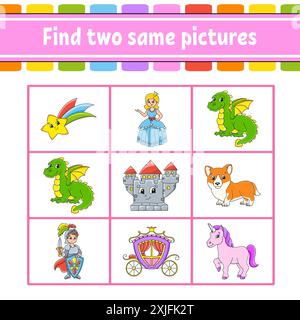 Trouvez deux mêmes photos. Tâche pour les enfants. Feuille de travail de développement de l'éducation. Page activité. Jeu de couleurs pour enfants. Drôle de personnage. Style dessin animé. Vecteur Illustration de Vecteur