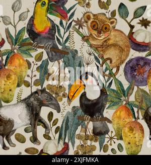 Illustration vibrante de la faune tropicale comprenant des toucans, des lémuriens et un feuillage luxuriant dans un motif sans couture. Banque D'Images