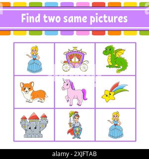 Trouvez deux mêmes photos. Tâche pour les enfants. Feuille de travail de développement de l'éducation. Page activité. Jeu de couleurs pour enfants. Drôle de personnage. Style dessin animé. Vecteur Illustration de Vecteur