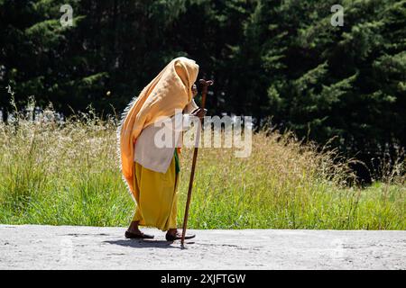 Une vieille maman éthiopienne, traditionnellement vêtue de jaune, marche avec une canne en bois, reflétant le patrimoine culturel, la dignité et la résilience Banque D'Images