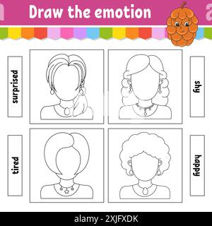 Dessinez l'émotion. Feuille de travail complétez la face. Livre de coloriage pour enfants. Caractère joyeux. Illustration vectorielle. Silhouette de contour noir. Vecteur illus Illustration de Vecteur