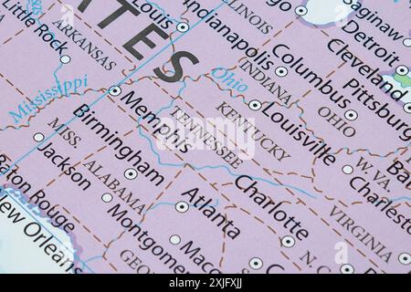 Macro photographie de l'état du Tennessee des États-Unis d'amérique carte politique avec les villes et les frontières les plus importantes Banque D'Images