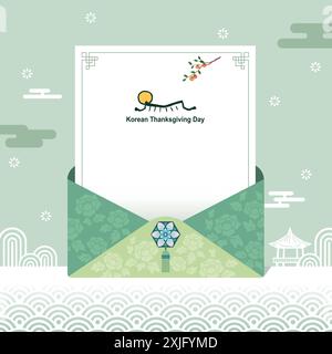 Conception coréenne de l'événement Thanksgiving. Enveloppe de lettre traditionnelle, papeterie, peinture au pinceau toit Hanok et pleine lune, fond traditionnel. Illustration de Vecteur