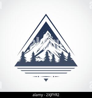 Illustration vectorielle de paysage de nature de montagne et de forêt, conception d'impression en noir et blanc, logo de triangle Illustration de Vecteur