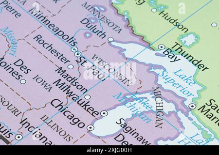 Macro photographie de l'état du Wisconsin des États-Unis d'amérique carte politique avec les villes et les frontières les plus importantes Banque D'Images