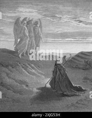 Gravure sur bois d'Abraham et des trois Anges Genèse 18:9-10 par Gustave Dore tirée de la Sainte Bible du XIXe siècle Banque D'Images