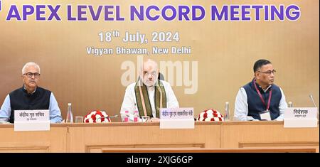 New Delhi, Inde. 18 juillet 2024. NEW DELHI, INDE - 18 JUILLET : le ministre de l'intérieur de l'Union, Amit Shah, préside la 7e réunion du Narco-coordination Centre (NCORD) au niveau de l'Apex à Vigya Bhawan le 18 juillet 2024 à New Delhi, en Inde. (Photo de Sonu Mehta/Hindustan Times/Sipa USA) crédit : Sipa USA/Alamy Live News Banque D'Images