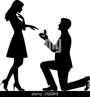 Silhouette d'un homme sur un genou dans une proposition de mariage à une illustration vectorielle de femme Illustration de Vecteur