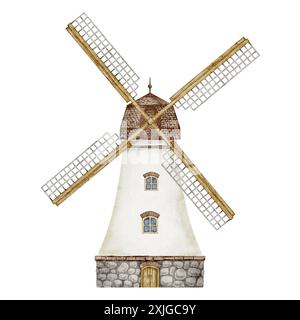 Illustration aquarelle de moulin à vent. Dessin de la vieille tour rustique avec des lames pour la production de farine. Ancien bâtiment vintage aux couleurs pastel. Peinture de moulin à vent pour le festival de récolte. Banque D'Images