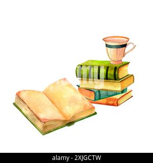 Livres antiques, un ensemble aquarelle de composition de tasse de thé. Imprimer pour décoration intérieure et art mural sur des thèmes rétro, voyages, bibliothèques, livres, musées. Banque D'Images