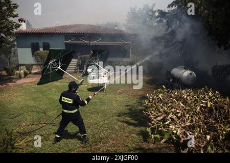 Thessalonique, Grèce. 18 juillet 2024. Les pompiers tentent d'éteindre un incendie dans la cour d'une maison de la banlieue de Trilofos près de la ville de Thessalonique. (Crédit image : © Giannis Papanikos/ZUMA Press Wire) USAGE ÉDITORIAL SEULEMENT! Non destiné à UN USAGE commercial ! Banque D'Images
