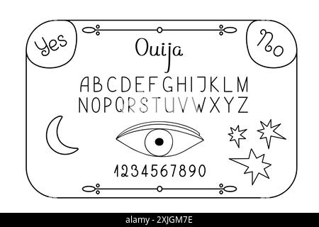 Tableau magique spirituel Ouija avec des chiffres, des lettres doodle illustration vectorielle dessinée à la main, table ésotérique ou symbole de sorcellerie de vacances effrayantes d'Halloween, image d'automne saisonnière Illustration de Vecteur