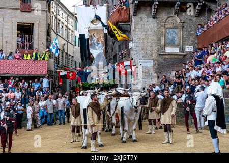 Les bœufs blancs et la bannière de soie du Palio (le Carroccio) arrivent sur la Piazza Del Campo dans le cadre de la procession historique, le Palio, Sienne, Italie. Banque D'Images