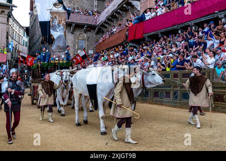 Les bœufs blancs et la bannière de soie du Palio (le Carroccio) arrivent sur la Piazza Del Campo dans le cadre de la procession historique, le Palio, Sienne, Italie. Banque D'Images