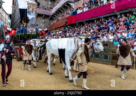 Les bœufs blancs et la bannière de soie du Palio (le Carroccio) arrivent sur la Piazza Del Campo dans le cadre de la procession historique, le Palio, Sienne, Italie. Banque D'Images