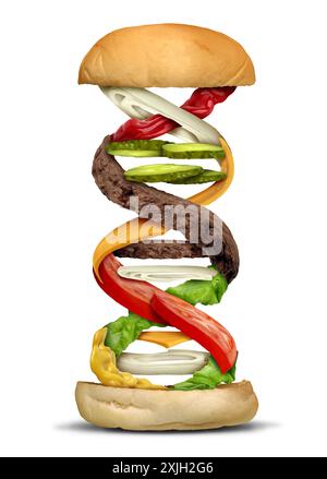 Science de l'alimentation et alimentation équilibrée biologie génétique comme sciences de la nutrition avec un brin d'ADN comme concept de santé diététique comme un Burger au fromage assemblé avec Banque D'Images