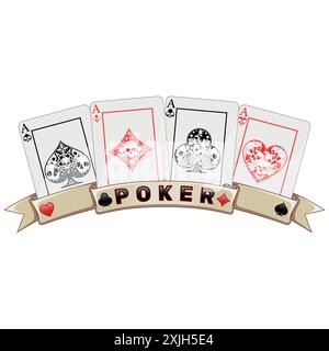 Conception vectorielle de cartes de poker avec des rubans, des symboles de poker de coeur, diamant, trèfle et as avec différents modèles de crâne Illustration de Vecteur