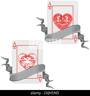 Conception vectorielle de cartes de poker avec des rubans, avec des symboles de coeur, ruban entourant une carte de poker de style Halloween Illustration de Vecteur