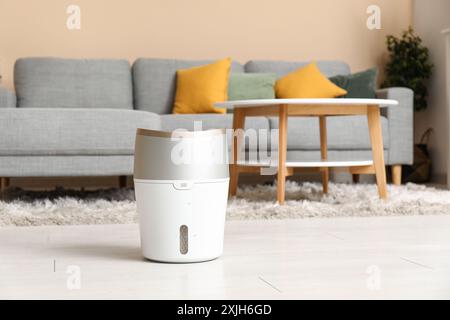 Humidificateur moderne sur le sol près du canapé et de la table basse dans le salon élégant Banque D'Images