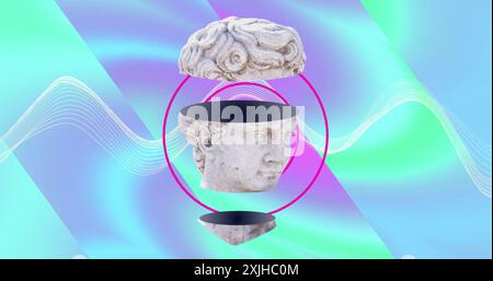 Image d'une tête de sculpture ancienne se déplaçant sur des cercles et agitant un fond multicolore Banque D'Images