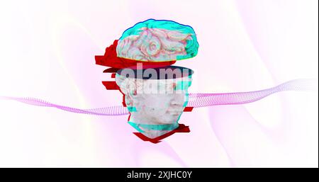 Image d'une tête de sculpture ancienne se déplaçant sur un fond multicolore ondulant Banque D'Images