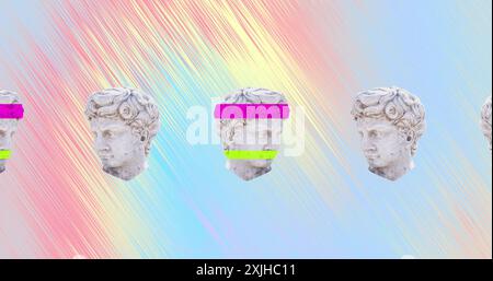 Image de têtes de sculpture anciennes se déplaçant sur fond multicolore Banque D'Images