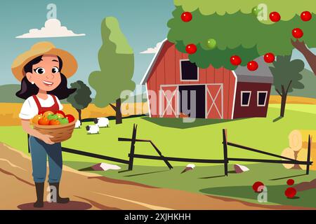 Une illustration vectorielle de la femme fermière travaillant dans le champ de fruits Illustration de Vecteur
