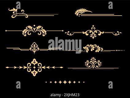 Ensemble vintage d'éléments décoratifs. Séparateurs dorés sur fond noir. Graphiques vectoriels. Illustration de Vecteur