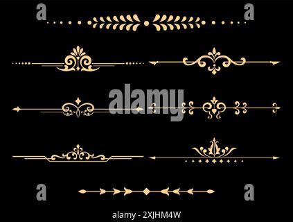 Ensemble vintage d'éléments décoratifs. Séparateurs dorés sur fond noir. Illustration de Vecteur