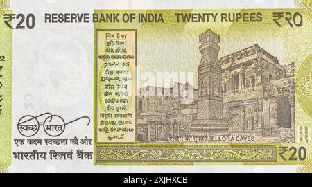 Billet de banque indien de 20 roupies dos avec Ellora Cave Banque D'Images