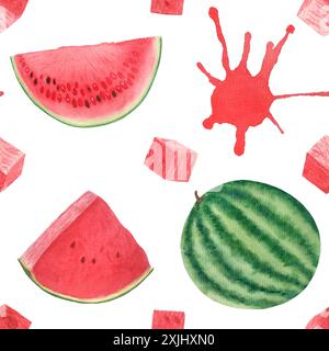 Pastèque entière, tranche juteuse avec quelques graines et cubes. Motif sans couture d'aquarelle isolé sur fond blanc, dessiné à la main pour la conception alimentaire Banque D'Images