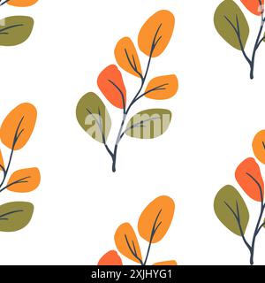 Motif sans couture. Usine simple. Branche simple avec des feuilles jaunes, vertes et oranges. Fond blanc. Ornement décoratif dans le style scandinave. Noyade à la main. Illustration vectorielle plate Illustration de Vecteur
