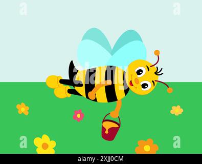 Abeille mignonne tenant du miel. abeille de dessin animé heureuse volant avec seau de miel. . Illustration de Vecteur