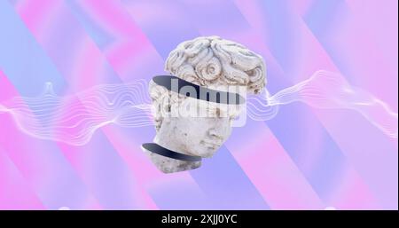 Image d'une tête de sculpture ancienne se déplaçant sur un fond multicolore ondulant Banque D'Images