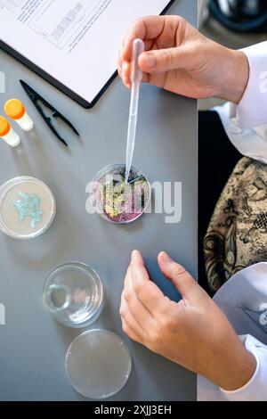 Chimiste femme ajoutant une goutte de liquide de la pipette sur une boîte de Pétri avec un mélange de paillettes en laboratoire Banque D'Images