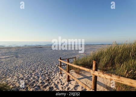 Belle plage large sur la mer Baltique dans le soleil couchant. Entrée à la plage. Balustrade en bois. Dunes couvertes d'herbe. Slajszewo, Pologne Banque D'Images