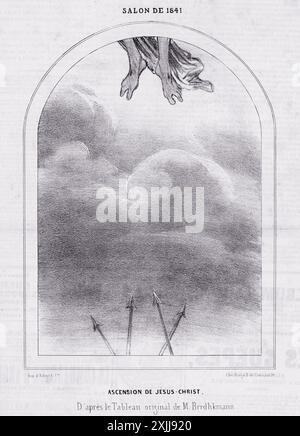Une lithographie du XIXe siècle d'Honoré Daumier représentant l'Ascension de Jésus-Christ, avec la partie inférieure de son corps visible lorsqu'il monte dans les nuages. L'image est encadrée par un contour arqué, et l'arrière-plan présente des nuages stylisés et les contours faibles de quatre flèches ou lances. Banque D'Images