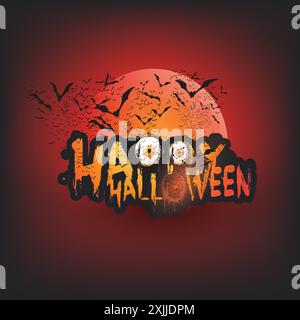Modèle de carte Happy Halloween - chauves-souris volantes avec des yeux brillants sous la pleine lune sur fond rouge - illustration vectorielle Illustration de Vecteur