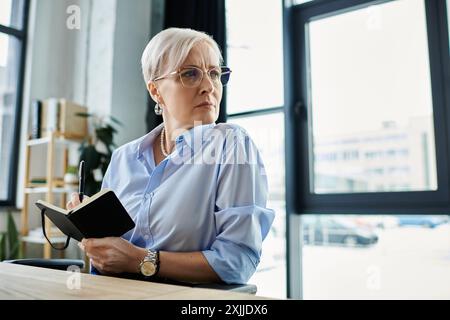 Femme d'affaires d'âge moyen avec les cheveux courts à une table dans son bureau Banque D'Images