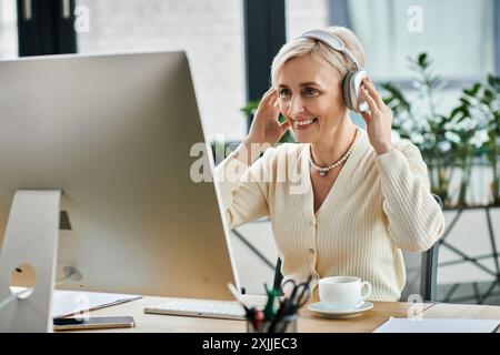 Une femme d'affaires d'âge moyen avec les cheveux courts engagée dans le travail sur son ordinateur, portant des écouteurs à un bureau moderne. Banque D'Images