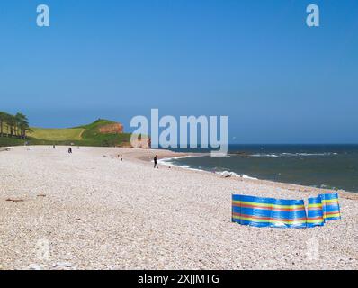 Un brise-vent coloré fixé dans la plage de galets de Budleigh Salterton dans l'est du Devon. À la fin de la plage sont les falaises emblématiques de grès rouge fo Banque D'Images