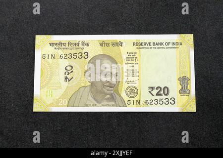 Nouveau billet indien de vingt roupies Banque D'Images