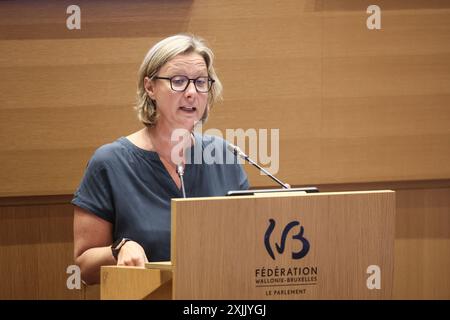 Bruxelles, Belgique. 19 juillet 2024. Mathilde Vandorpe des engage photographiée lors d'une session plénière du parlement de la Fédération Wallonie-Bruxelles (Fédération Wallonie-Bruxelles - Federatie Wallonie-Brussel), à Bruxelles, le jeudi 18 juillet 2024. Le nouveau gouvernement présentera sa déclaration pour les années à venir. BELGA PHOTO BRUNO FAHY crédit : Belga News Agency/Alamy Live News Banque D'Images