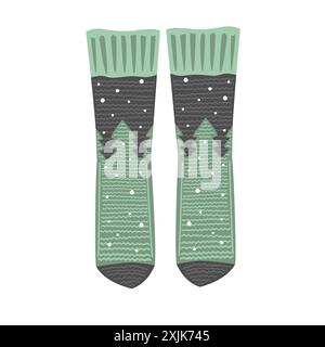 Chaussettes tricotées en laine fée avec des pins et de la neige, symbole de Noël et d'hiver confortable. Bas de Noël, illustration vectorielle Illustration de Vecteur