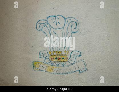 Dessin de l'emblème du Welch Regiment par un détenu au château de Colditz, Saxe, Allemagne Banque D'Images