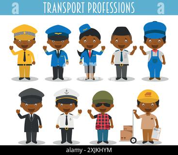 Ensemble vectoriel de professions de transport dans le style de dessin animé. Caractères noirs ou afro-américains. Illustration de Vecteur