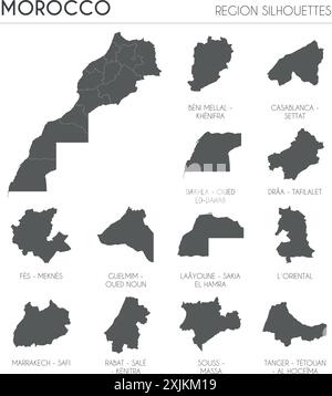 Silhouettes de la région du Maroc définies et carte blanche du pays isolé sur fond blanc. Conception d'illustration vectorielle Illustration de Vecteur