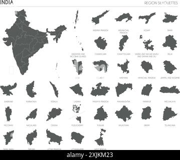 Silhouettes de la région de l'Inde définies et carte blanche du pays isolé sur fond blanc. Conception d'illustration vectorielle Illustration de Vecteur